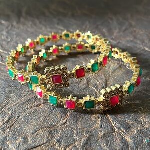 ✨Gold Tone Bangles (x2) Faux Pink, Green & Smoky Quartz Faux Stones BRAND NEW✨